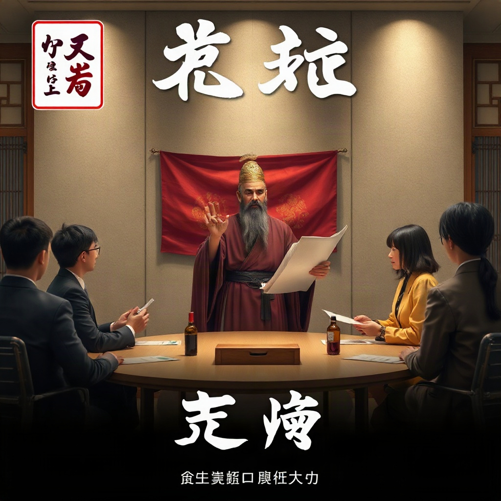 魔改短剧《三国打工人》海报，古装谋士在现代会议室里做汇报